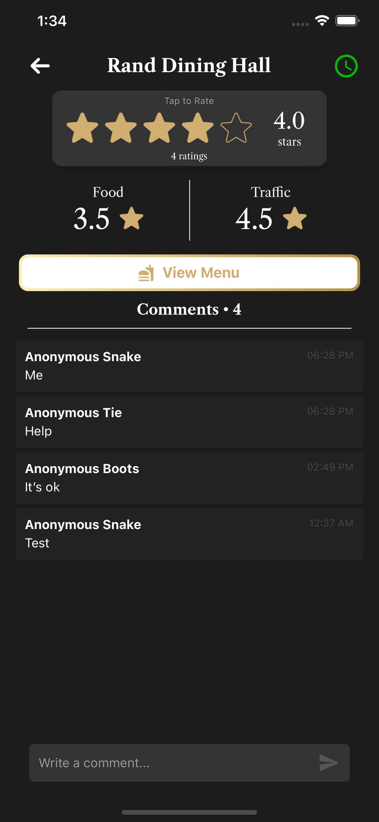 ReVU iOS app — dining hall ratings screen